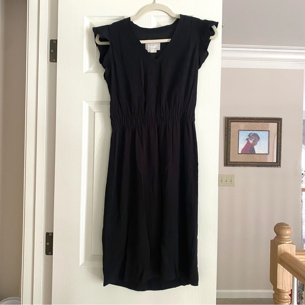 Kate Spade Black Flutter Sleeve V-neck Fluid Frill Crepe Dress Knee Length